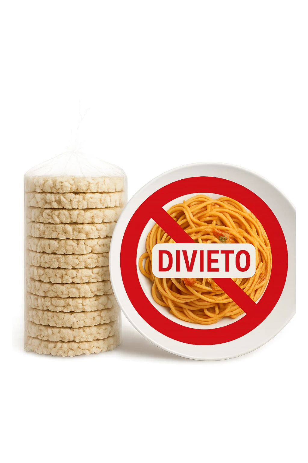 confezione di gallette di riso con accanto un piatto di pasta con divieto sopra, in italiano,  realistici sticker
