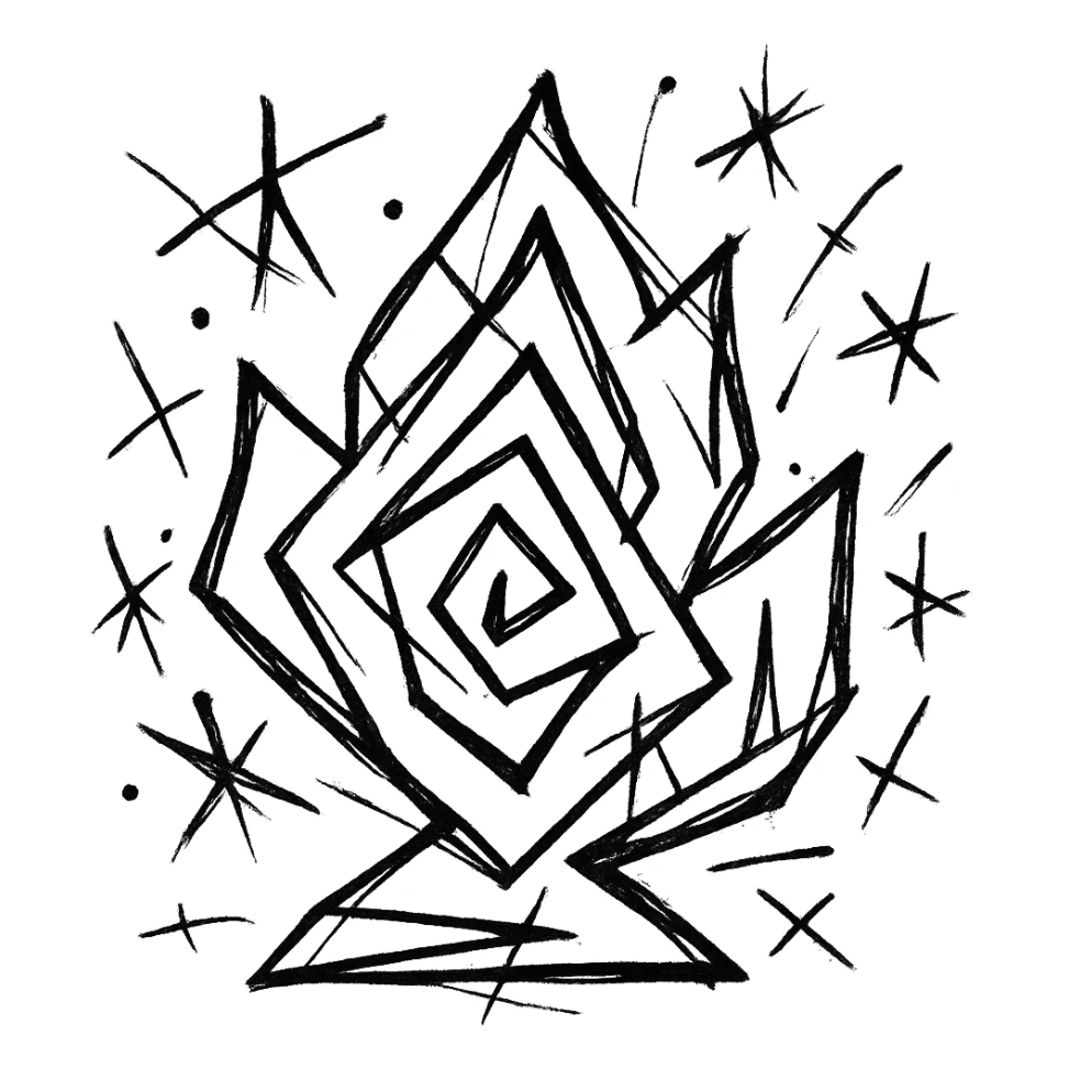 abstract flame shape, geometric style, chaotic black outline sticker