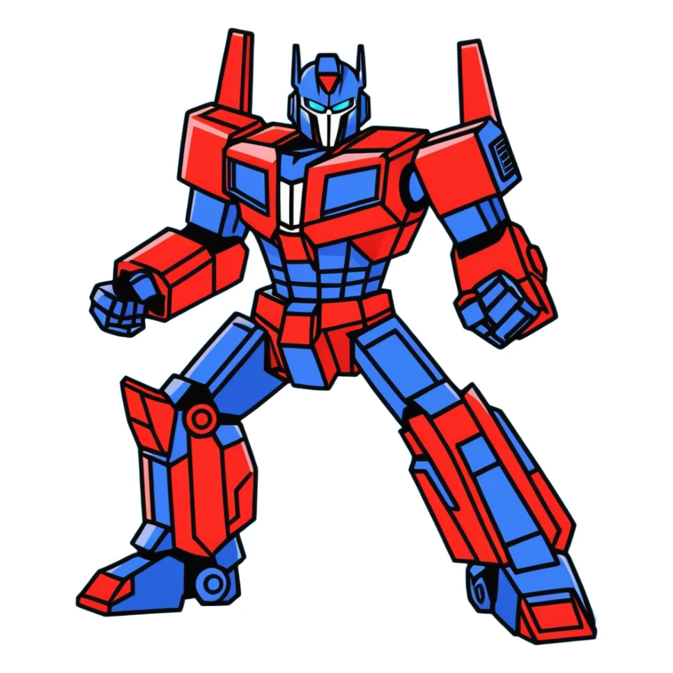 Optimus Prime in a battle pose, cartoon sticker style, bright blue and red, dynamic action sticker