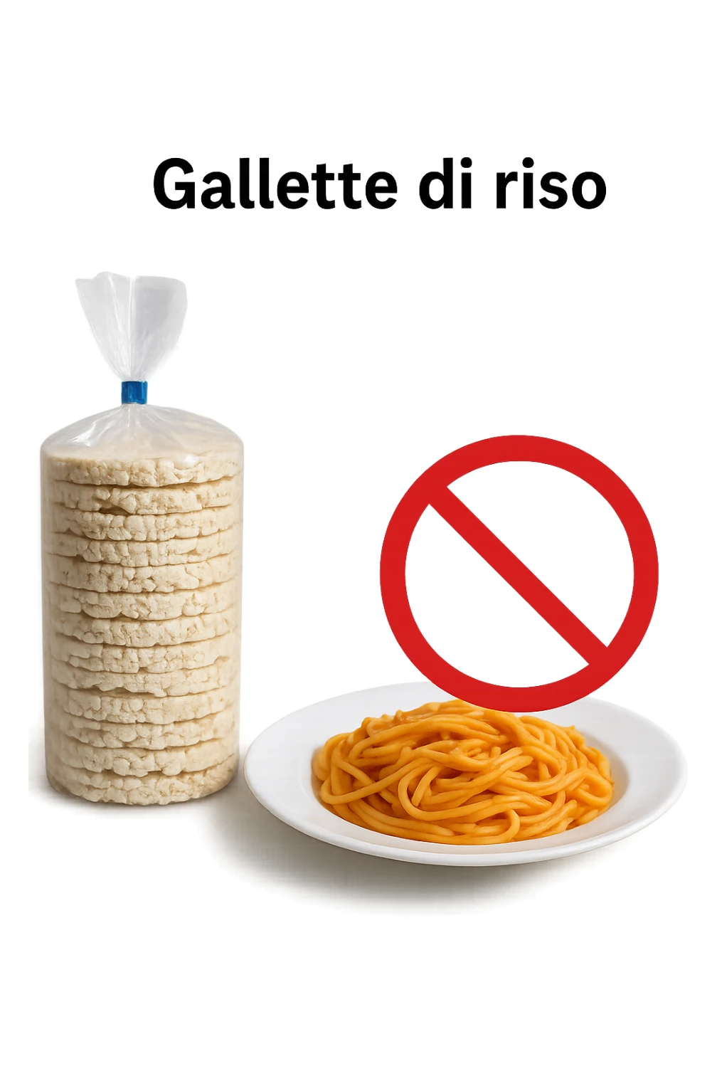 confezione di gallette di riso con accanto un piatto di pasta con divieto sopra, in italiano,  realistici sticker
