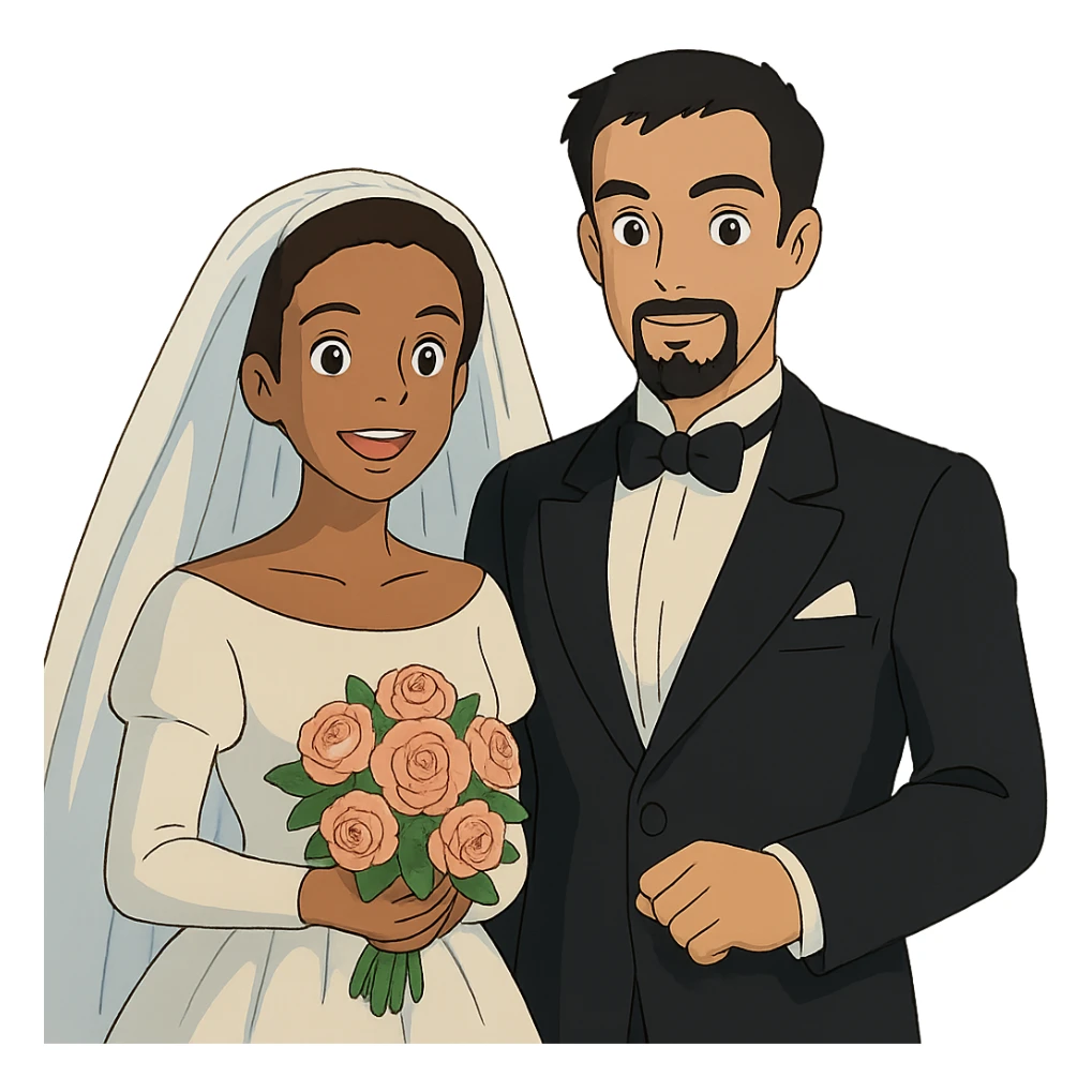 ghibli style light-skinned African American bride and light-skinned groom with black goatee in a tuxedo sticker