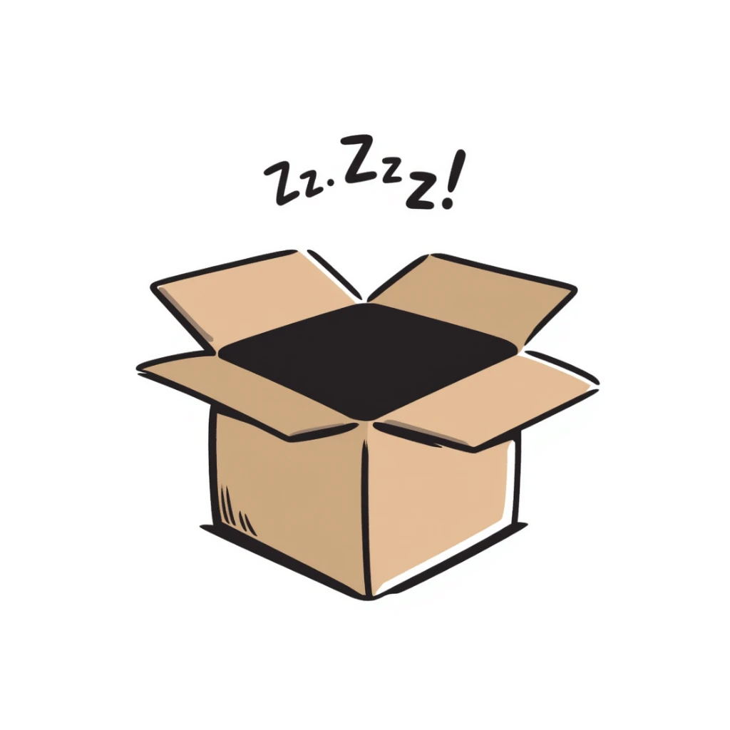 emoji of sleeping box, box is brown colored, open and empty, with a tiny Zzz bubble sticker