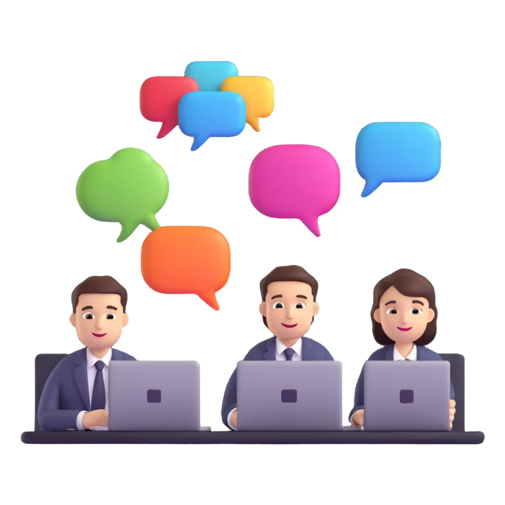 business managers in a virtual meeting, with laptops and chat bubbles sticker