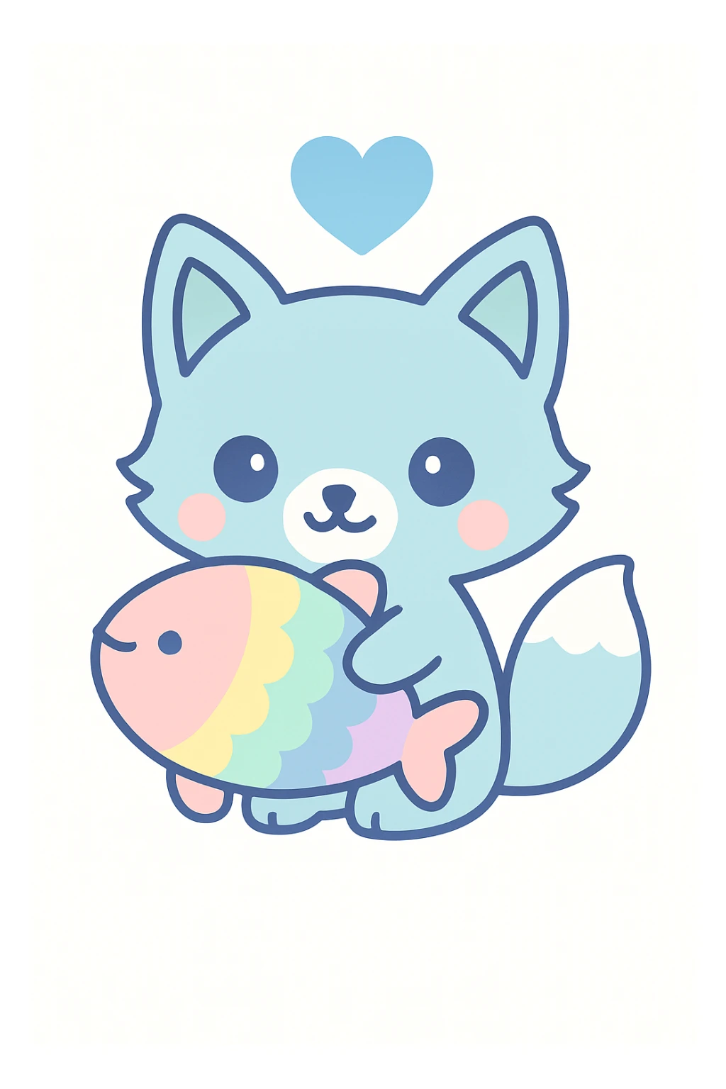 Change the heart above the blue fox and rainbow fish to a blue heart, keeping the kawaii cartoon style. sticker