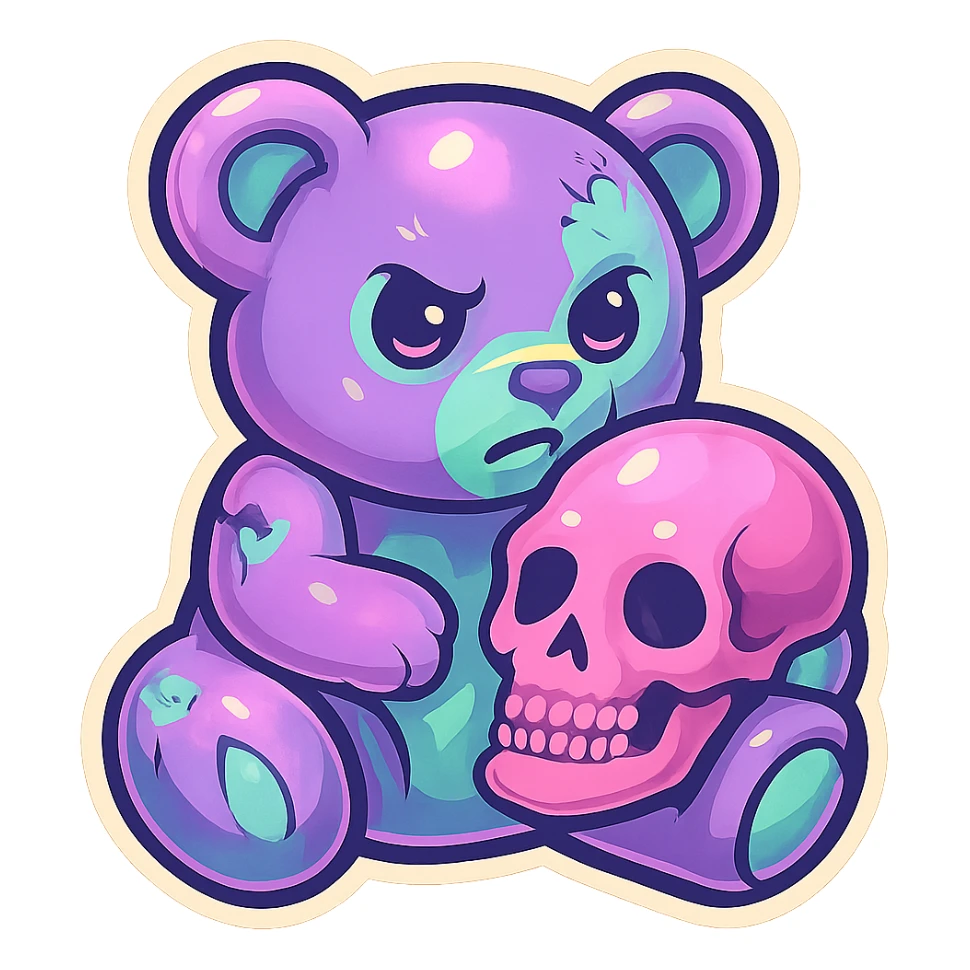 Turn this image into a zombie bear with pastel goth colors, holding a pink skull, in retro stickers style, with no background. sticker