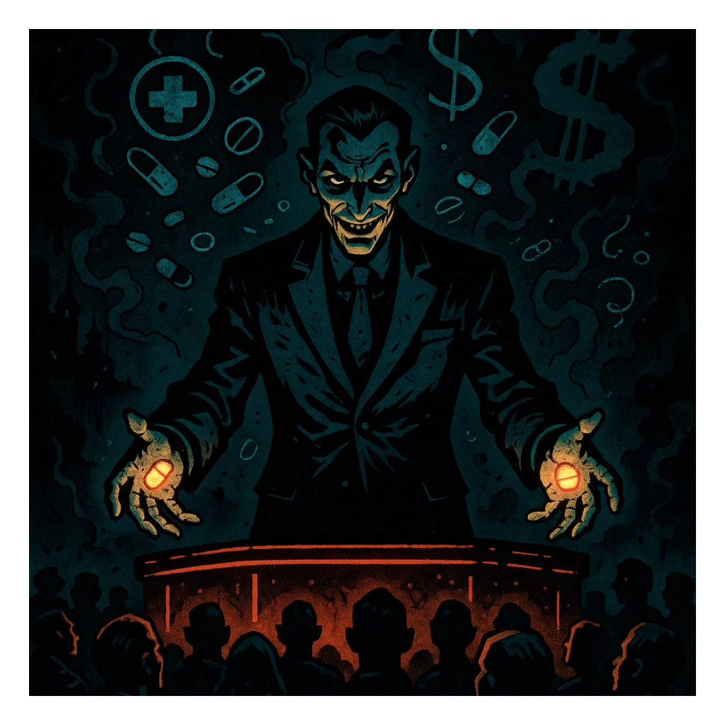 A sinister charismatic man in a tailored suit hypnotizing a crowd with glowing pills in his hands, swirling pharmaceutical symbols in the air, dark smoke forming dollar signs, gothic atmosphere, neon-lit stage, cinematic lighting, hyper-detailed, in the style of Mike Mignola meets cyber-noir. sticker