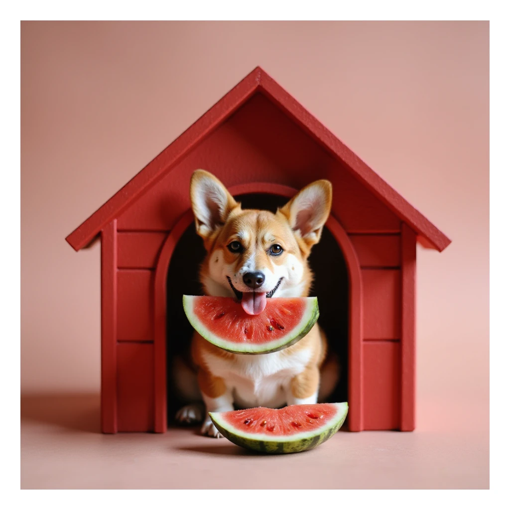realistic red dog house with a Corgi dog inside, Corgi with a watermelon slice, photorealistic style sticker