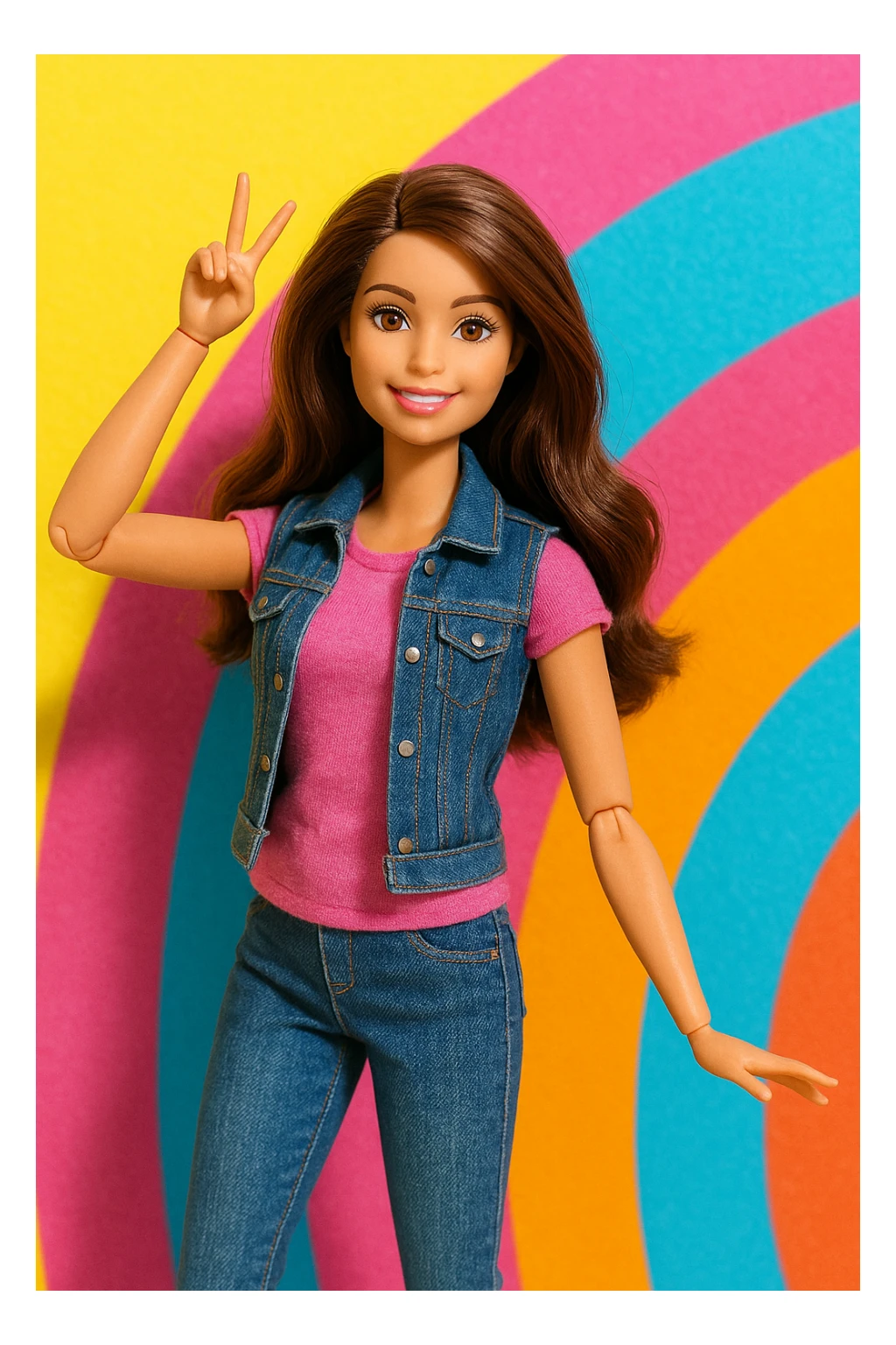 brunette Barbie, casual clothes, playful pose, bright and colorful background sticker