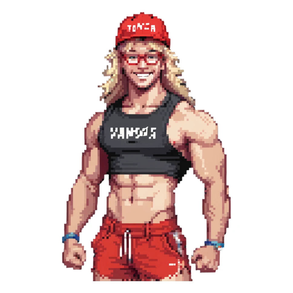 Man with black and white cap with VANOMAS text, bare torso, red shorts, clear glasses, messy light blond mullet hairstyle, smiling and flexing muscles sticker