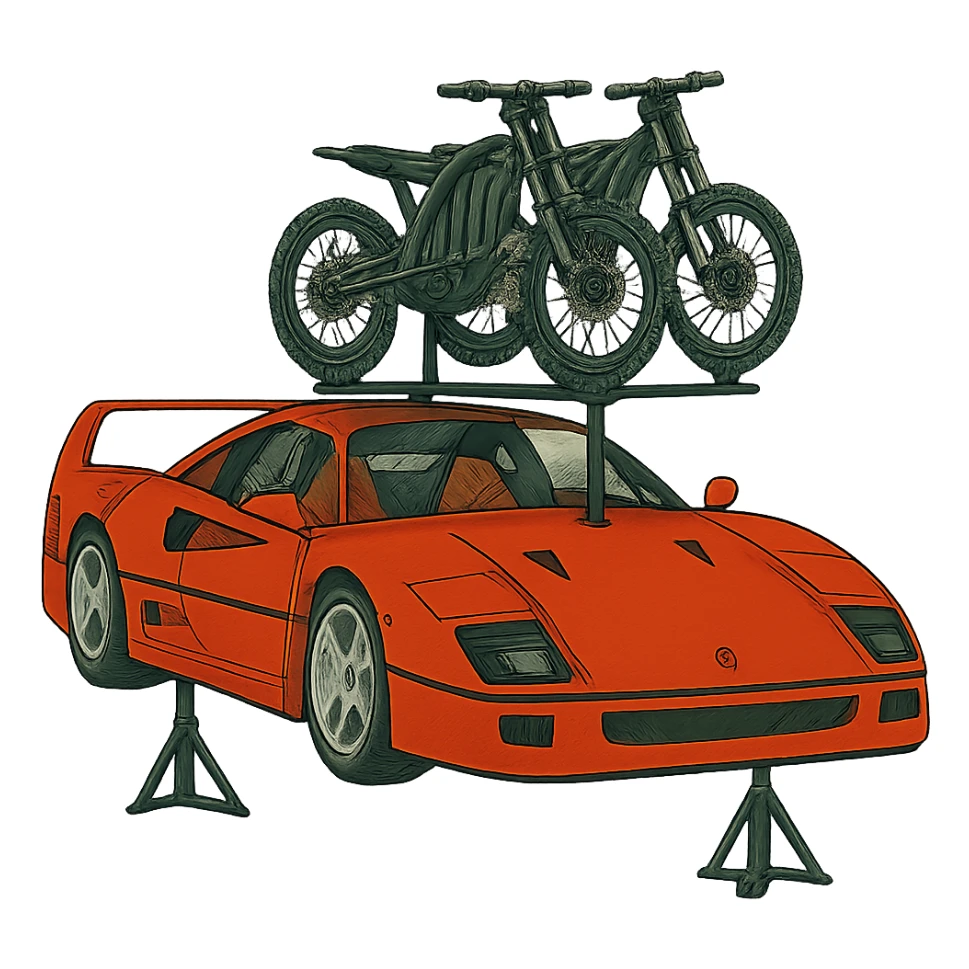 Make the two Sur-Ron electric bikes on the roof rack much smaller in proportion to the stylized Ferrari F40. Keep the background transparent. sticker