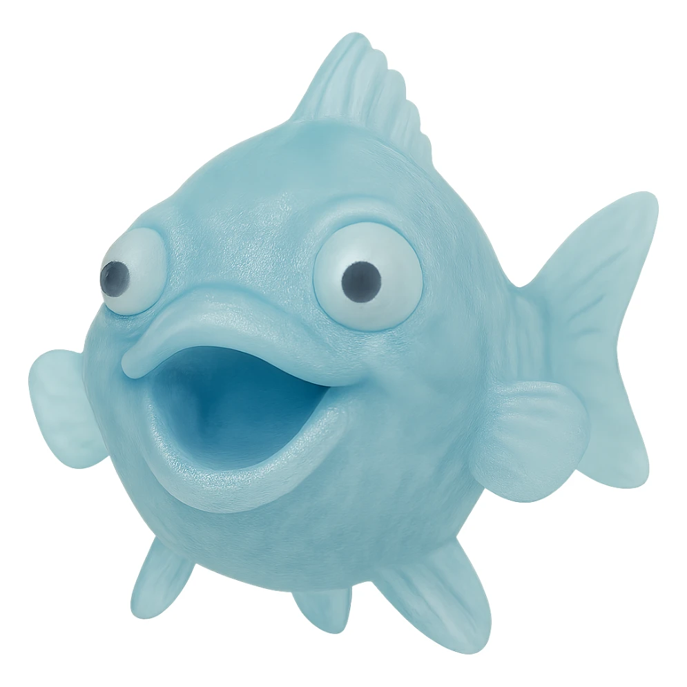 Make the fish even more transparent, with eyes going in different directions, keeping the clear bright blue color, hyper-detailed soft plastic 90's toy look, soft reflections, soft and squishy, some cloudiness, not shiny, hyper-realistic, retro, highly detailed, appealing. Remove the background. sticker