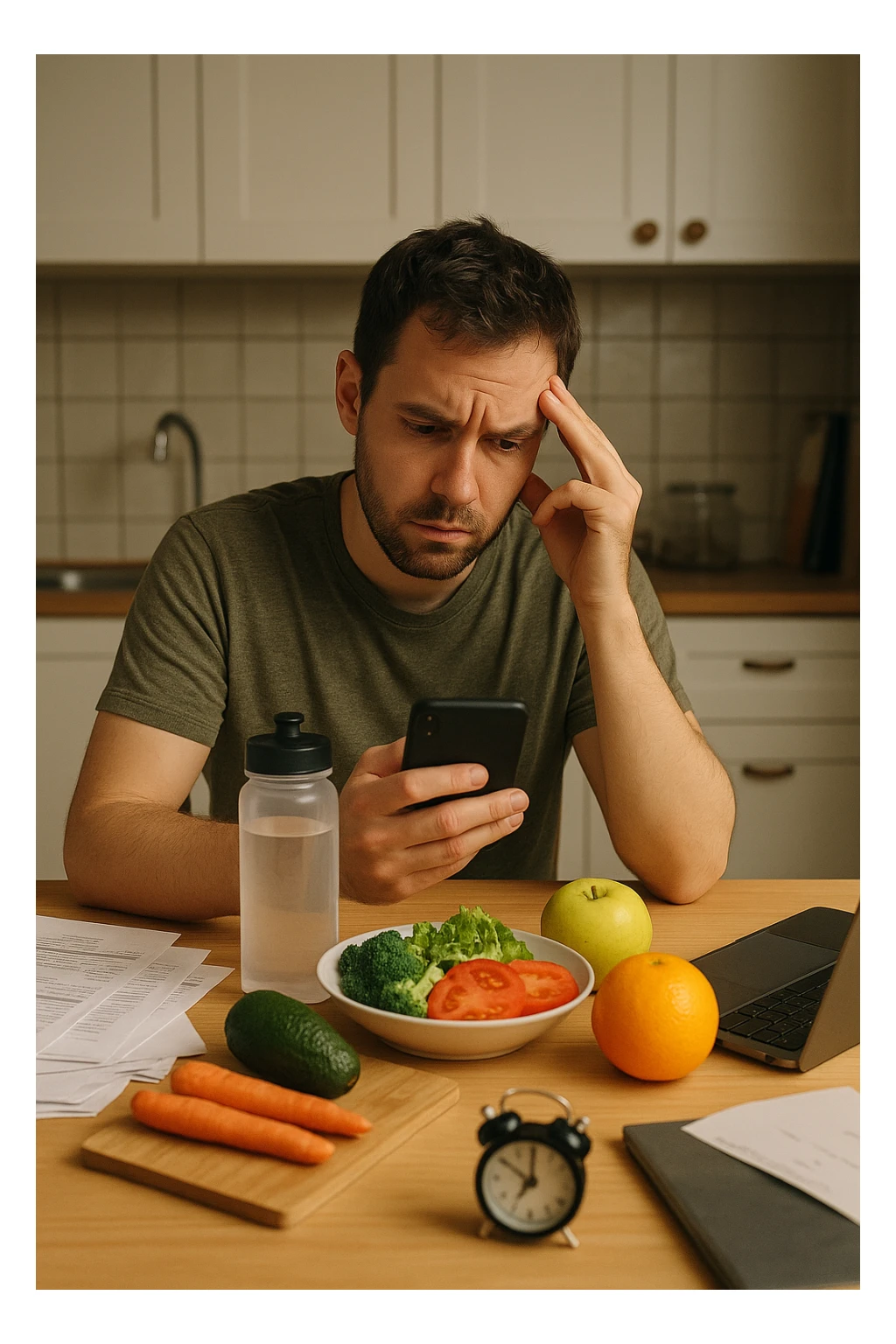  a man sits at his kitchen table, reviewing a food diary or nutrition app on his phone, with a perplexed look. Around him are healthy meal ingredients and a water bottle, but also subtle hints of stress (bills, work laptop) and lack of sleep (alarm clock showing late hour). The mood is thoughtful, highlighting the hidden factors behind weight. sticker