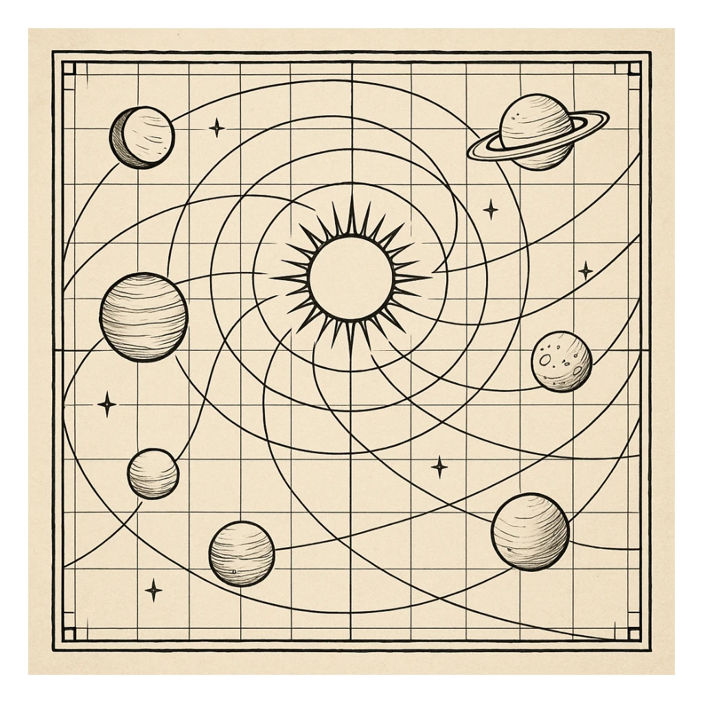 a design for an decorative black and white map, showing linework of galactic planets and a galactic ley lines. matrix map. black linework. neat and minimal design

 sticker