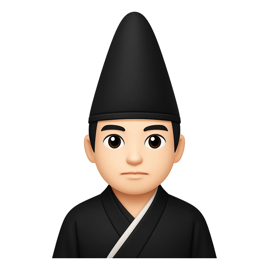 Make the eboshi hat much taller, keeping the shogun in a long black kimono, in the style of emoji style emojis. The style should resemble apple style emojis with concise details. sticker