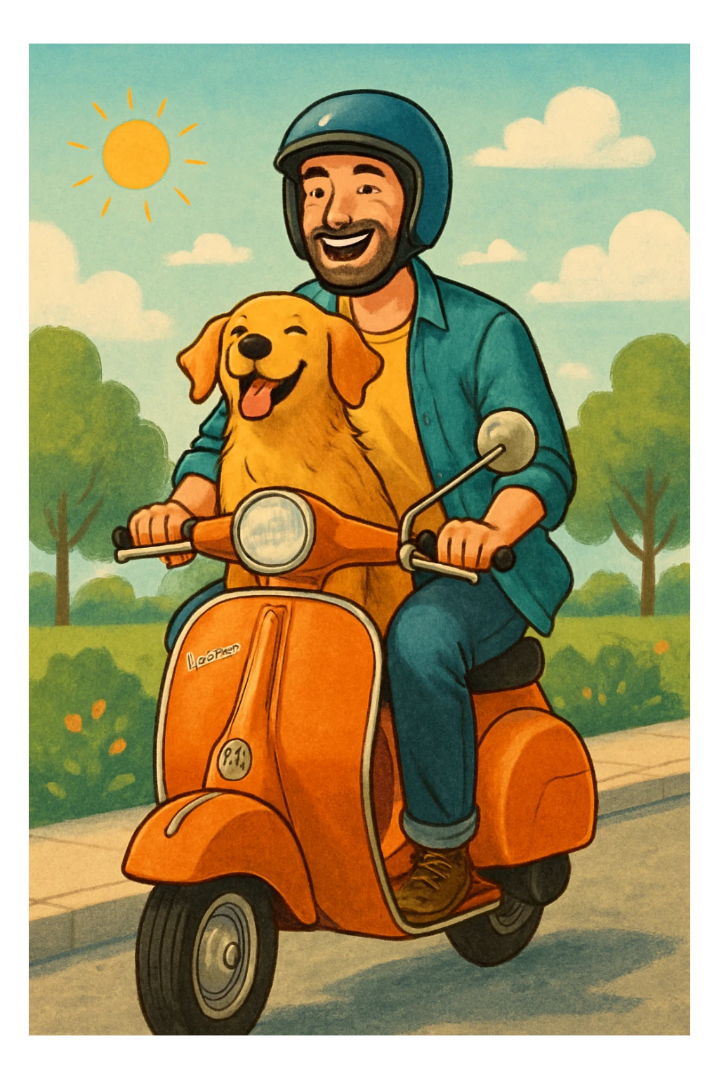 man and his pet dog riding a vespa sticker