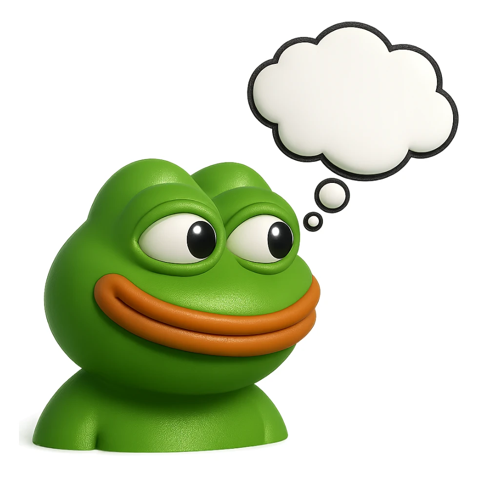 make a pepe in bright green smiling with thought bubble looking at right side in 3d style, good highlights and shadows, drop shadows sticker