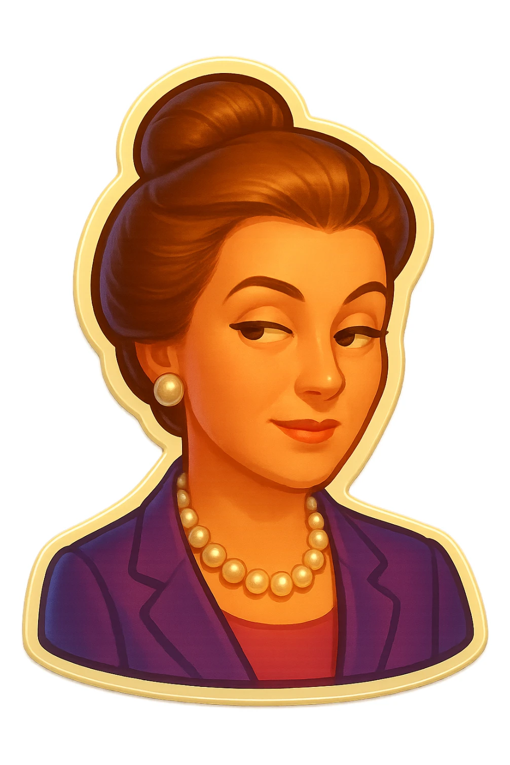 Make the old money lady look younger while maintaining her elegant style, with her hair up, pearls, and a sophisticated expression. Keep the transparent background. sticker