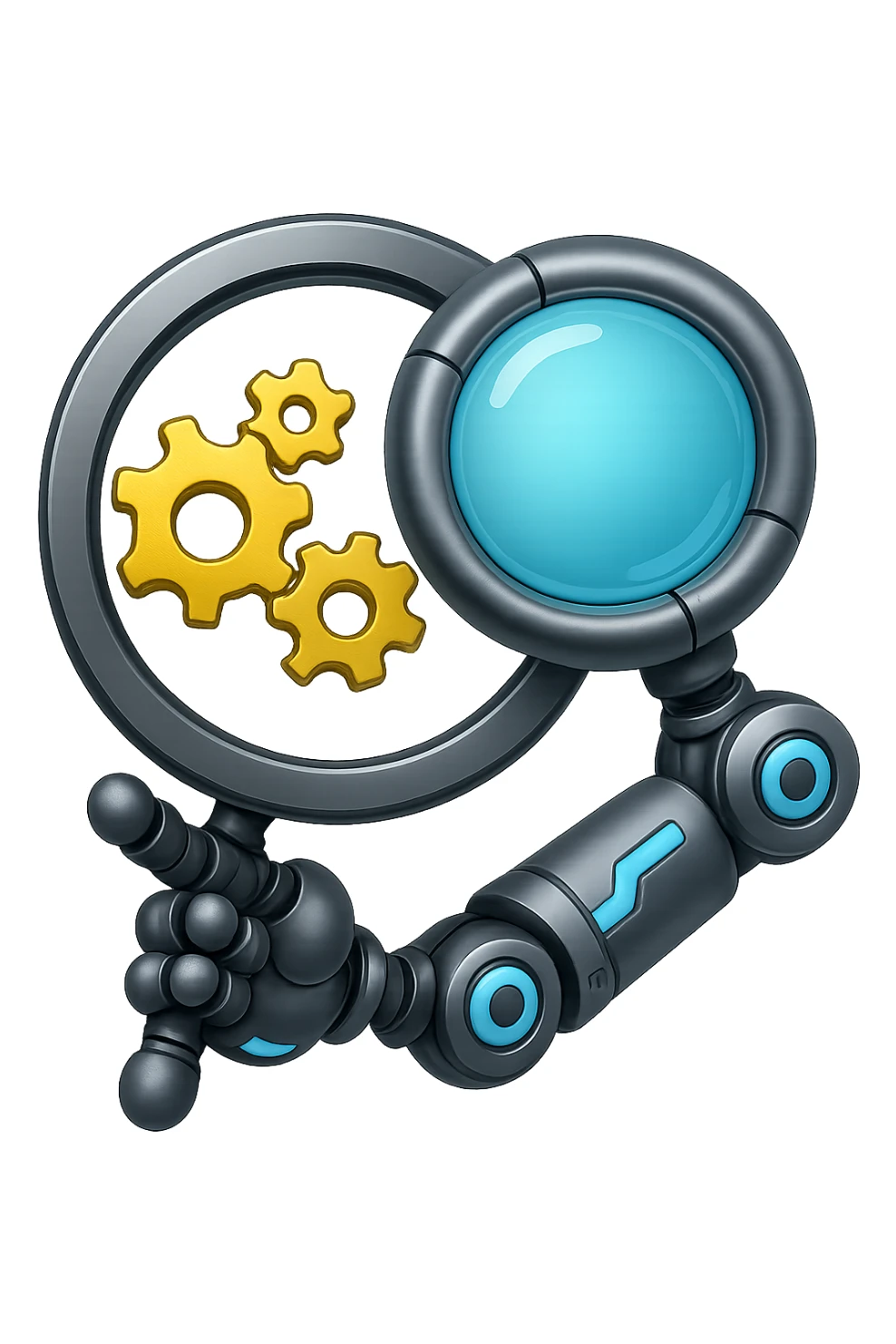 Add a robotic arm holding the magnifying glass, keep metallic textures and glowing blue accents, in emoji style with no background. The style should resemble apple style emojis with a clean and polished look, focusing on metallic and glowing blue details. sticker