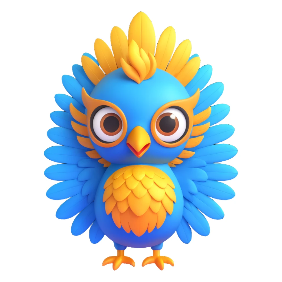 Change the cartoon phoenix to blue and gold colors, keep the playful expression, big eyes, bright feathers, and 3D emoji style, with no background. sticker
