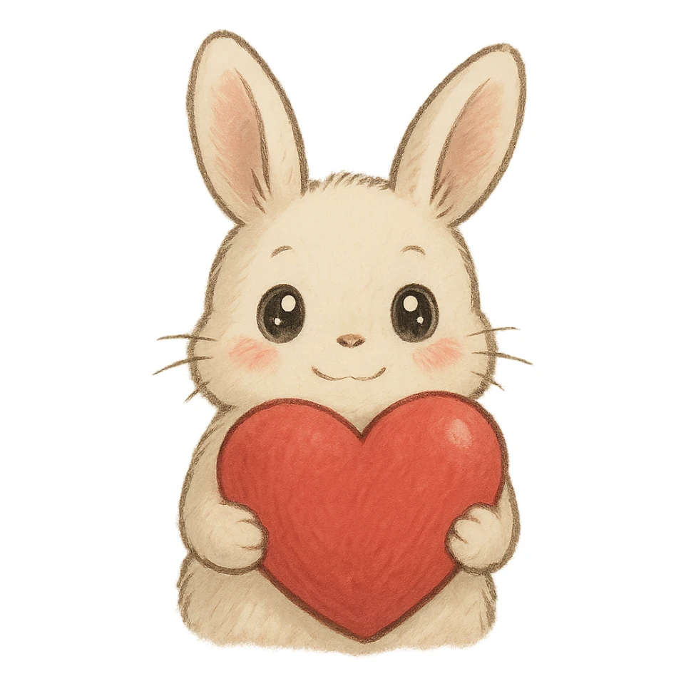 white bunny holding a big heart with sparkling eyes, soft ghibli style sticker