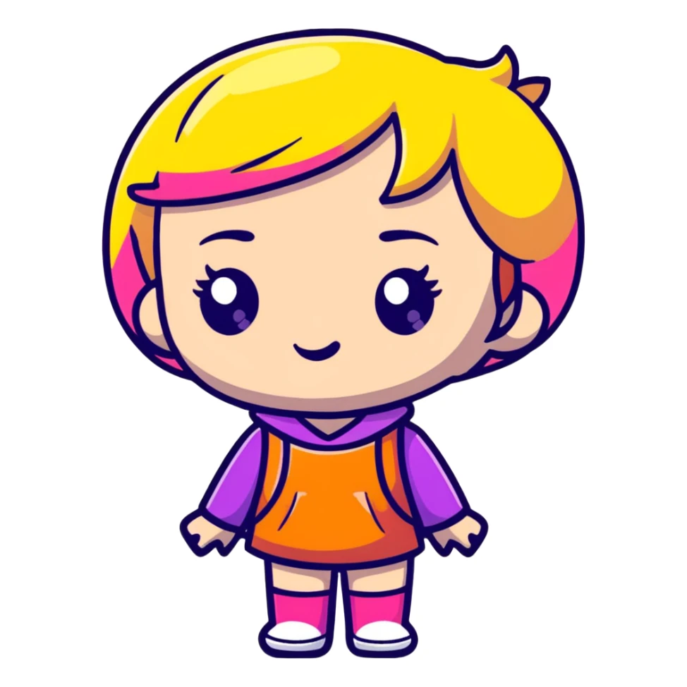Cute female character in art toy style, big head, stylized features, bright colors, designer toy aesthetic sticker