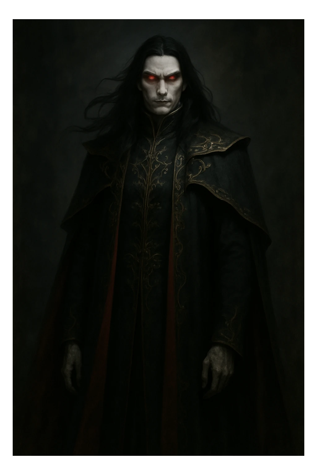 tall, imposing figure with long, flowing black hair and piercing red eyes that glow with supernatural intensity. Pale skin contrasts with dark, regal attire—a floor-length black and red cloak with ornate gold embroidery. Exudes nobility and menace, with sharp, angular features and a cold, stoic expression that masks deep rage. sticker