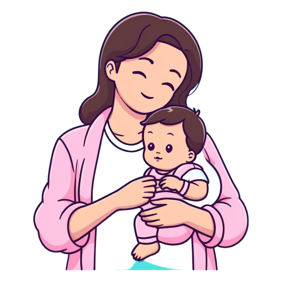 brunette mom cuddling baby with pastel pink clothing and accessories sticker