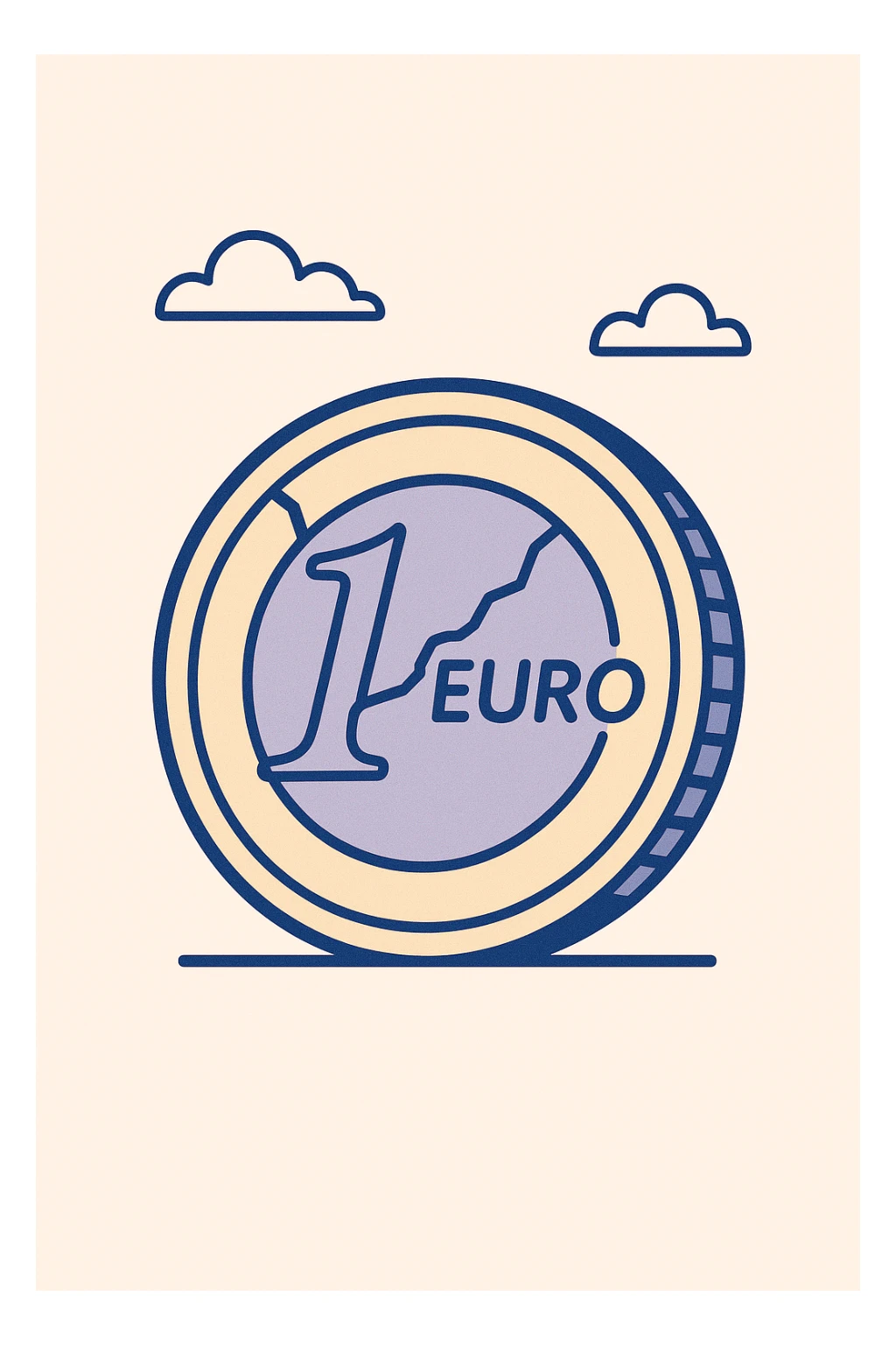 a single euro coin with a small crack, representing average money habits, clean modern style sticker