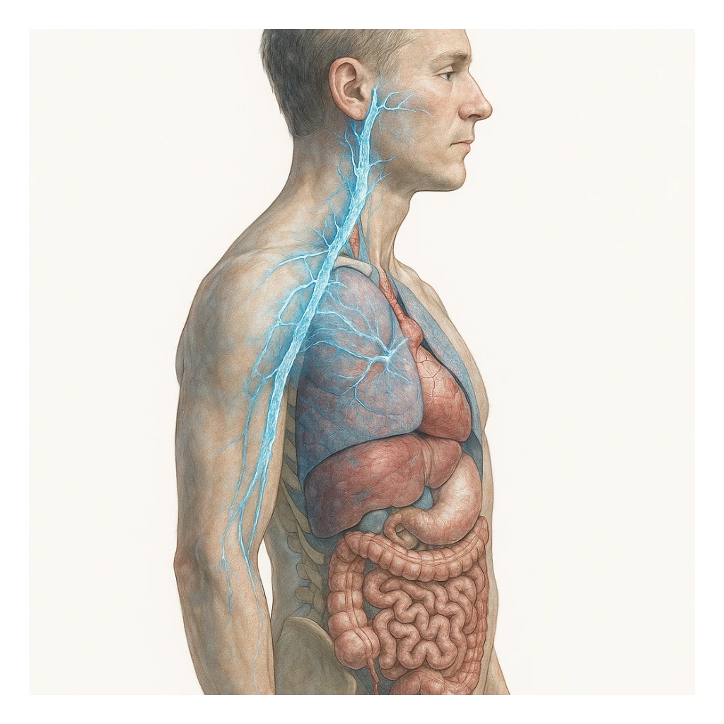 realistic human body with vagus nerve highlighted, lateral view, anatomical details, vagus nerve path clearly visible, ice effect and blue shades along the nerve, transparency showing internal organs, white background sticker