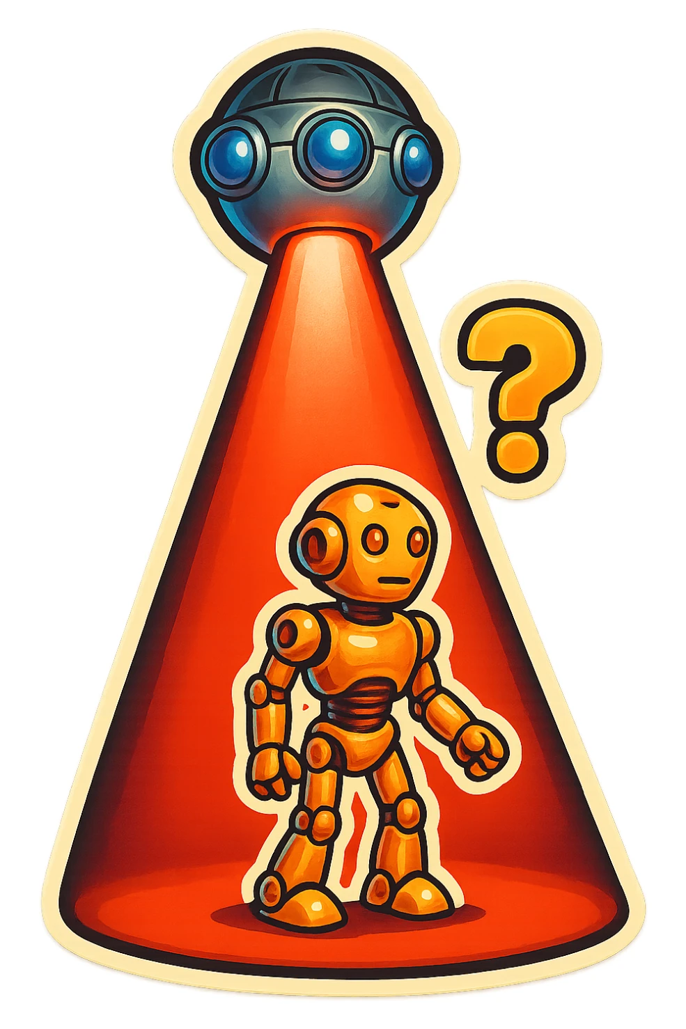 new character...robot being hit with a red beam by a flying robot sticker