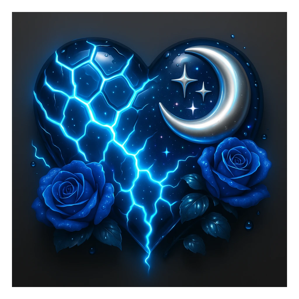 Add more neon lightning effects to the gothic heart with splintered deep blue glass, silver crescent moon, midnight blue roses, holographic stardust, wet look, in the style of 3D emoji style. sticker
