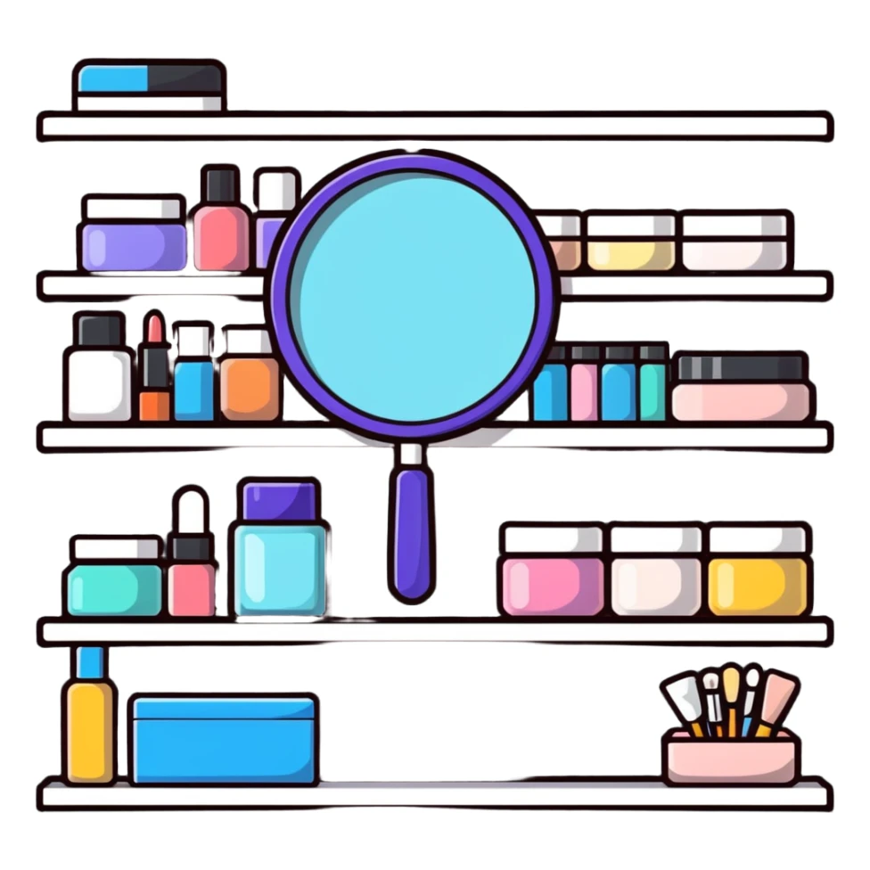 magnifying glass over empty beauty product shelf, searching sticker