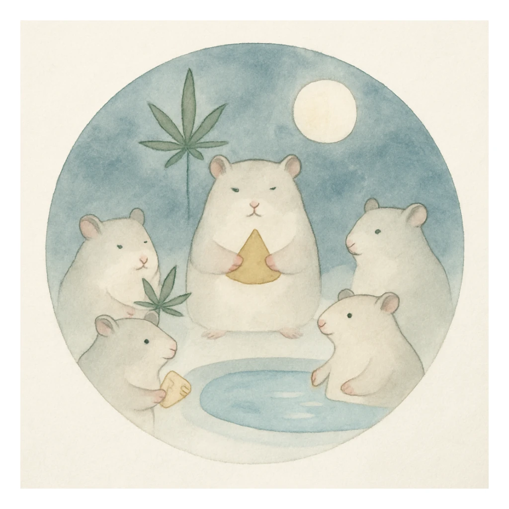Discord server icon, circular, centered composition of a hamster cult weed and cheese pool party at night, magical and soft, watercolor style sticker
