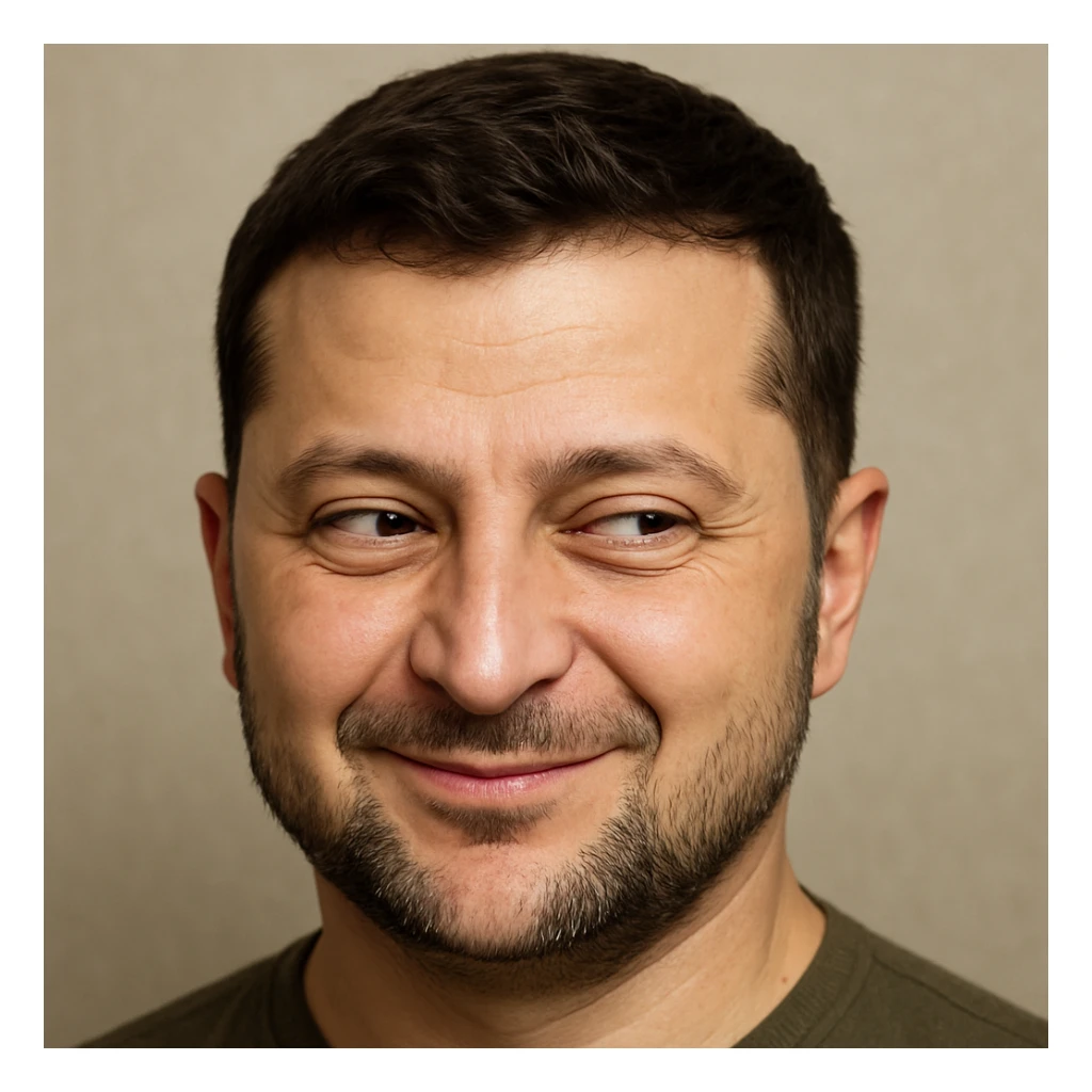 photorealistic emoji style portrait of Zelensky, round face, sly and cunning expression sticker