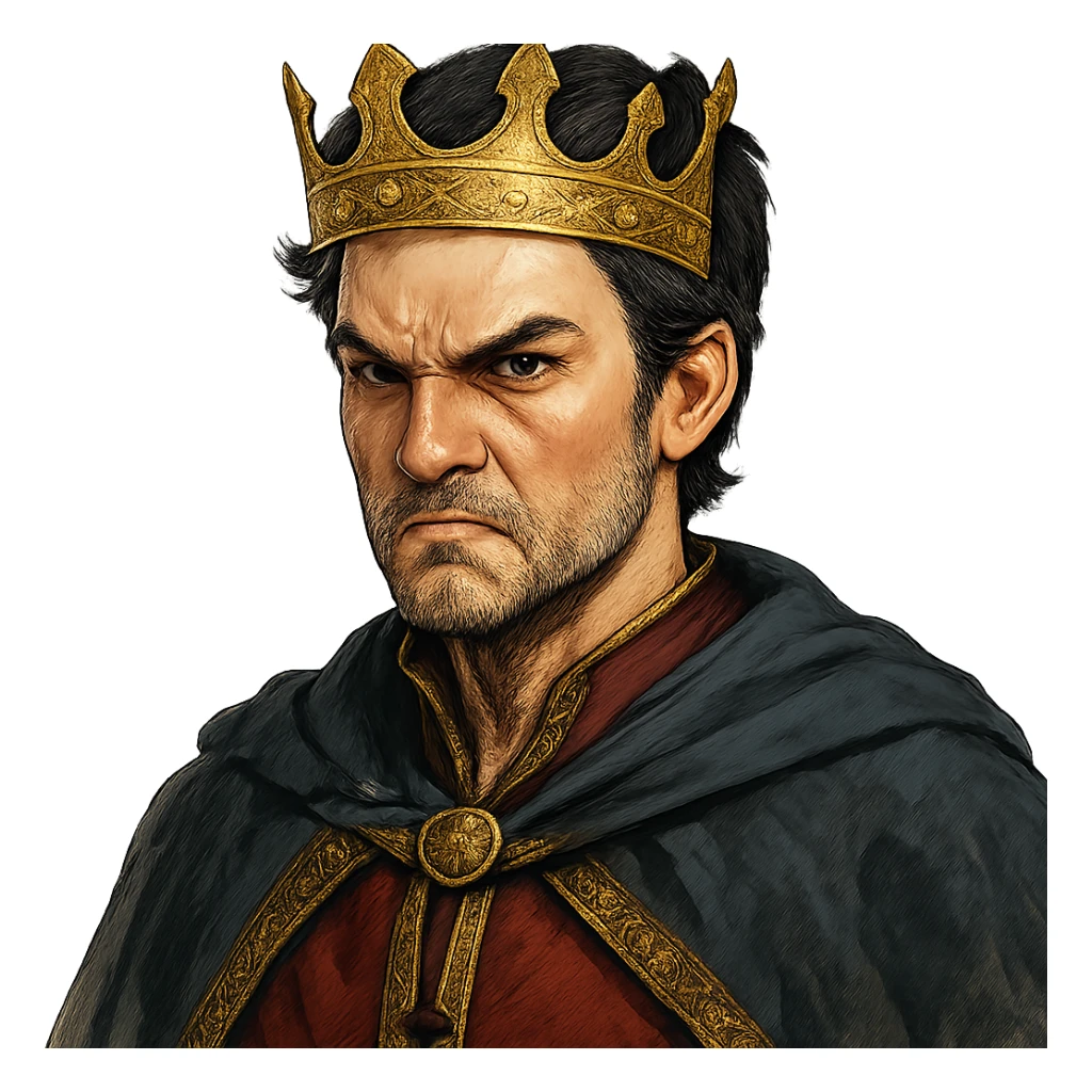 angry prince with golden crown, light skin, dark brown eyes, black hair, different style sticker