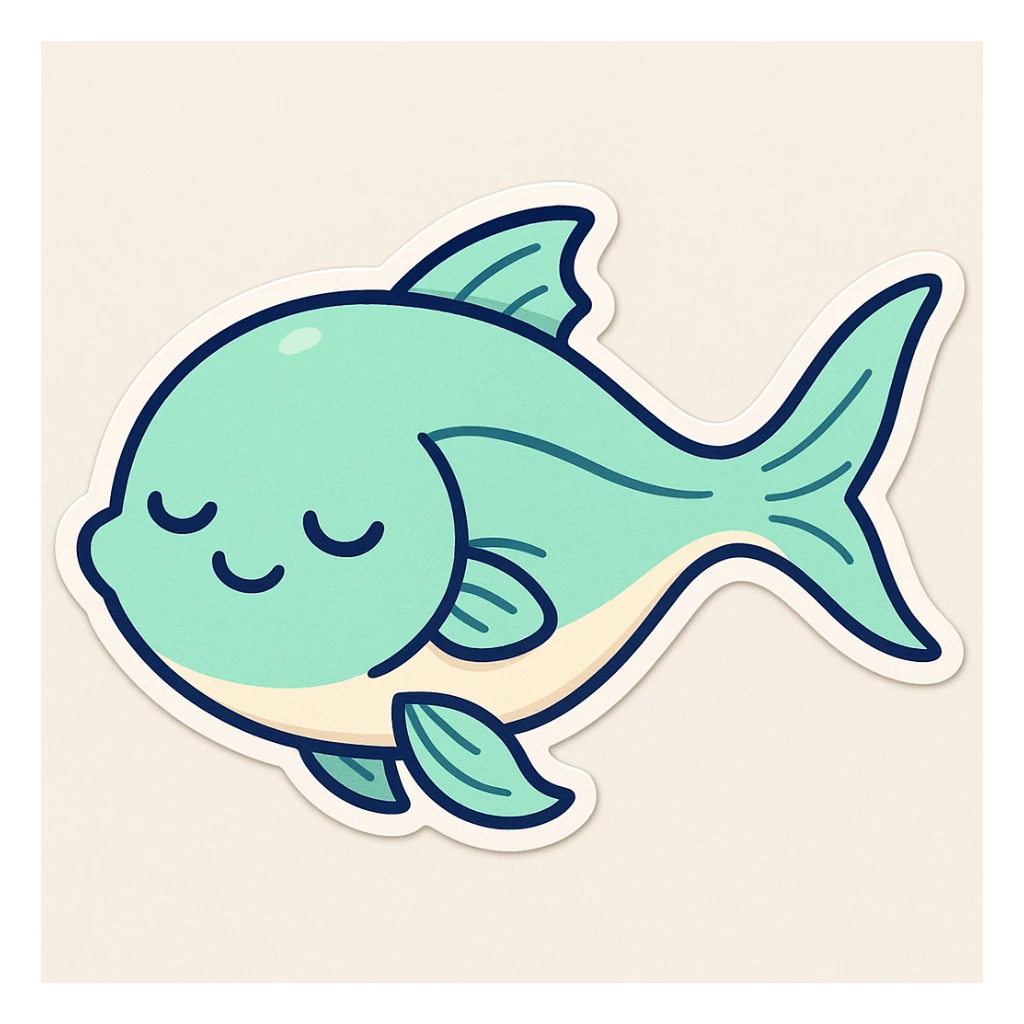 Create a cutesy fish with a sleepy expression in a cartoonish sticker style. Show droopy eyes or closed eyes and a relaxed mouth to convey sleepiness, maintaining a cute and soft appearance. sticker