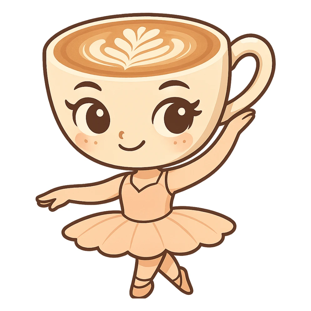 Create a cartoon emoji-style character based on the reference image of a ballerina with a cappuccino cup for a head, expressive eyes, and a tutu. The character should be standing still in a neutral pose, maintaining a whimsical, cute, and lively vibe. Style it in chibi stickers emoji style. sticker