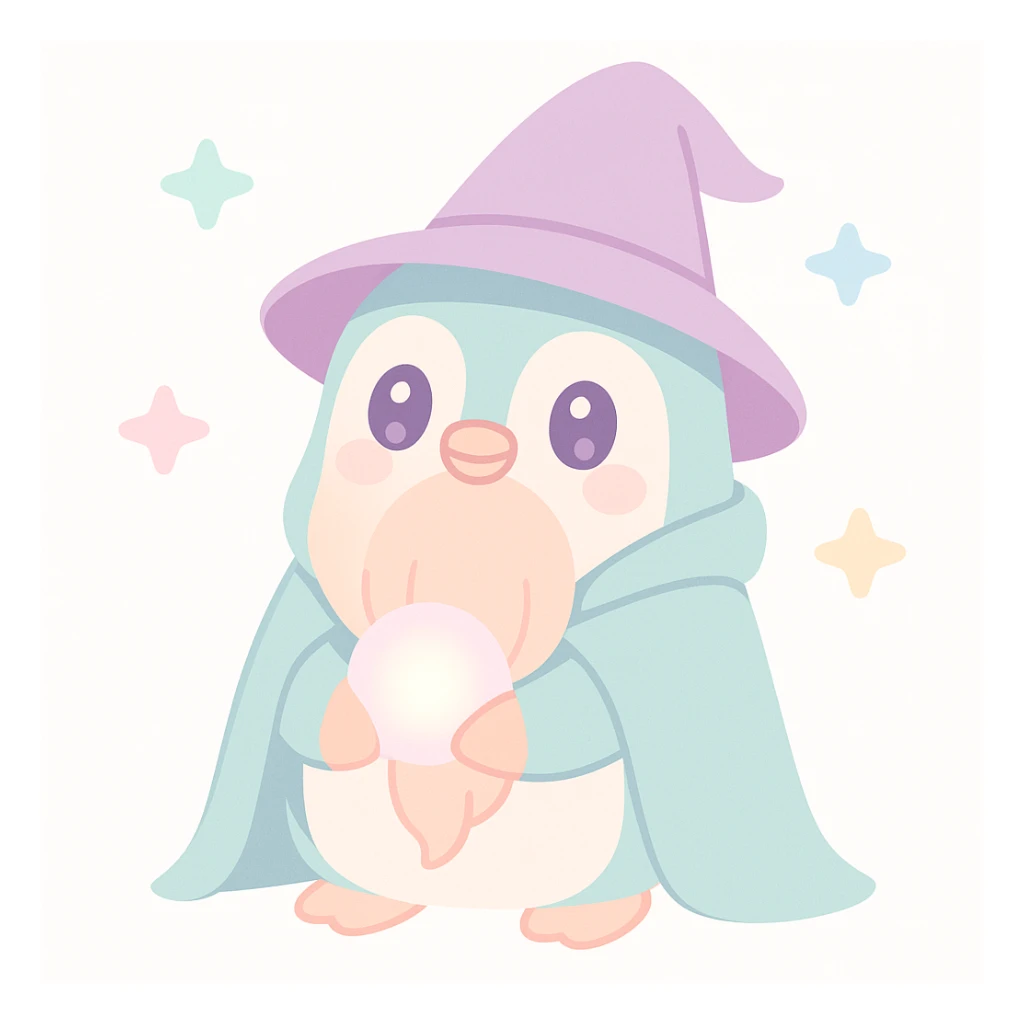 penguin wizard with a long beard, wearing a cloak and holding a glowing orb sticker