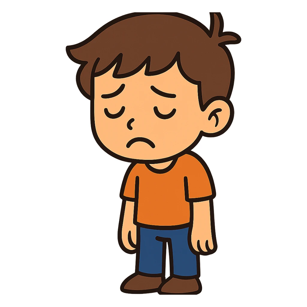 flat toon style niño triste, caricatura moderna sticker