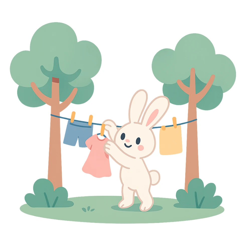 bunny hanging laundry between trees, calming domestic forest feel, pastel colors, high quality, no imperfections sticker