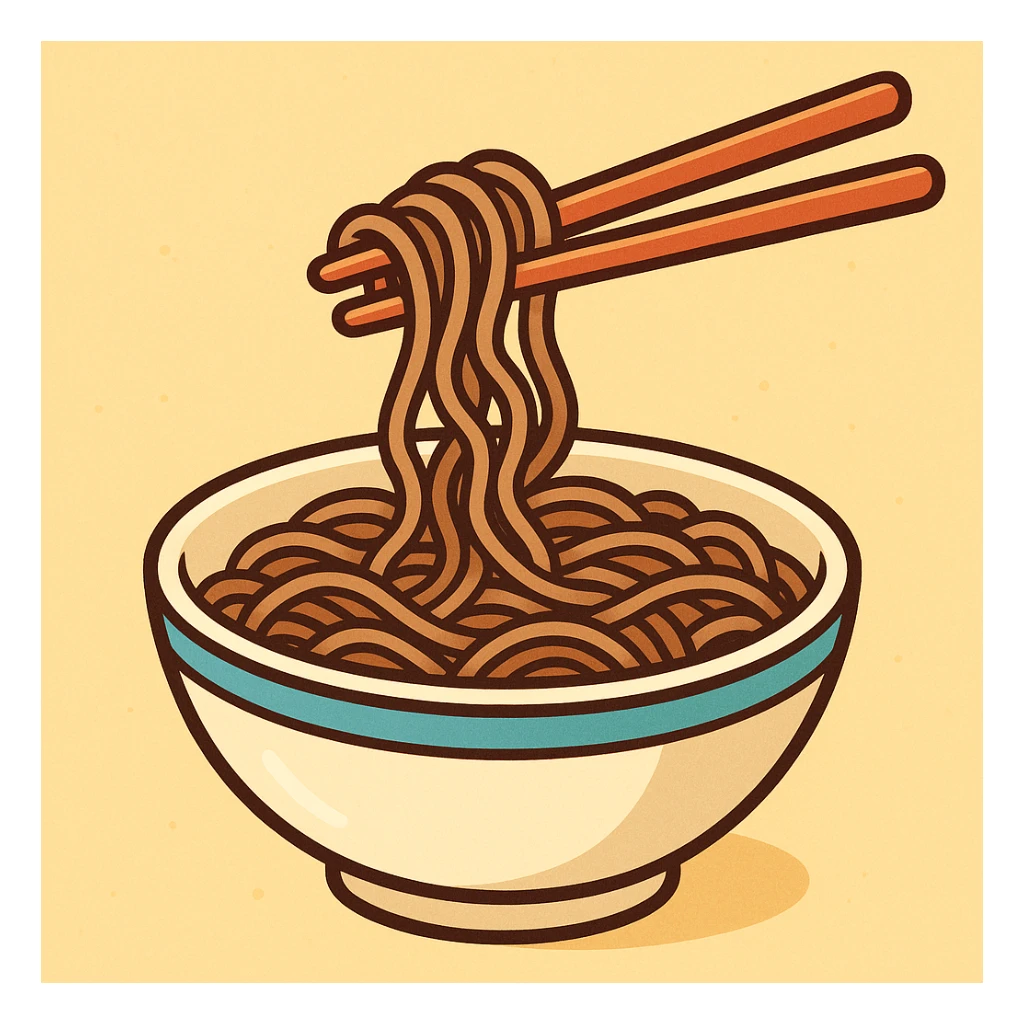 buckwheat noodles, cartoon style, bowl with chopsticks, cheerful colors sticker