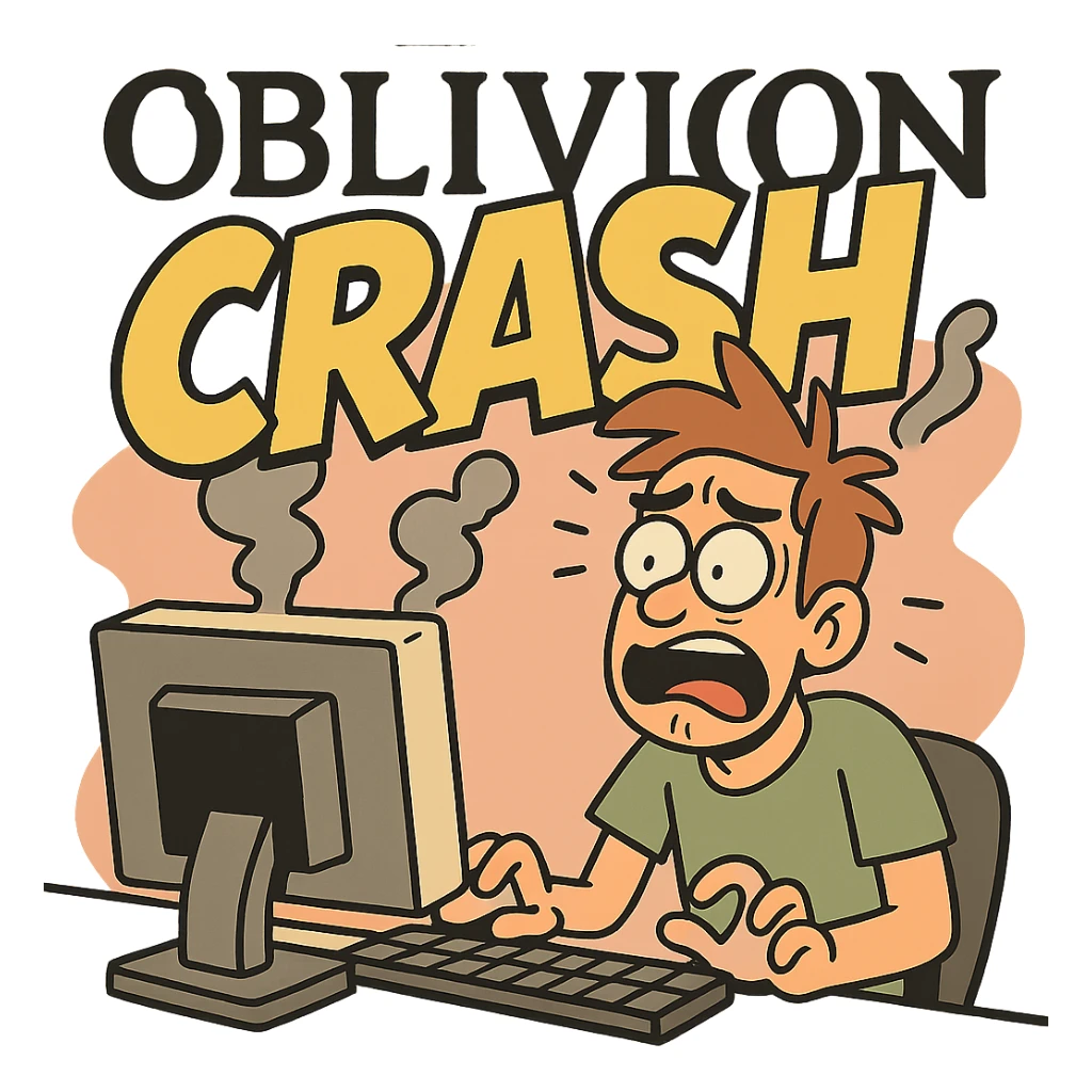 Oblivion logo bold and graphic with 'crash' overlay in large text, flat toon style sticker