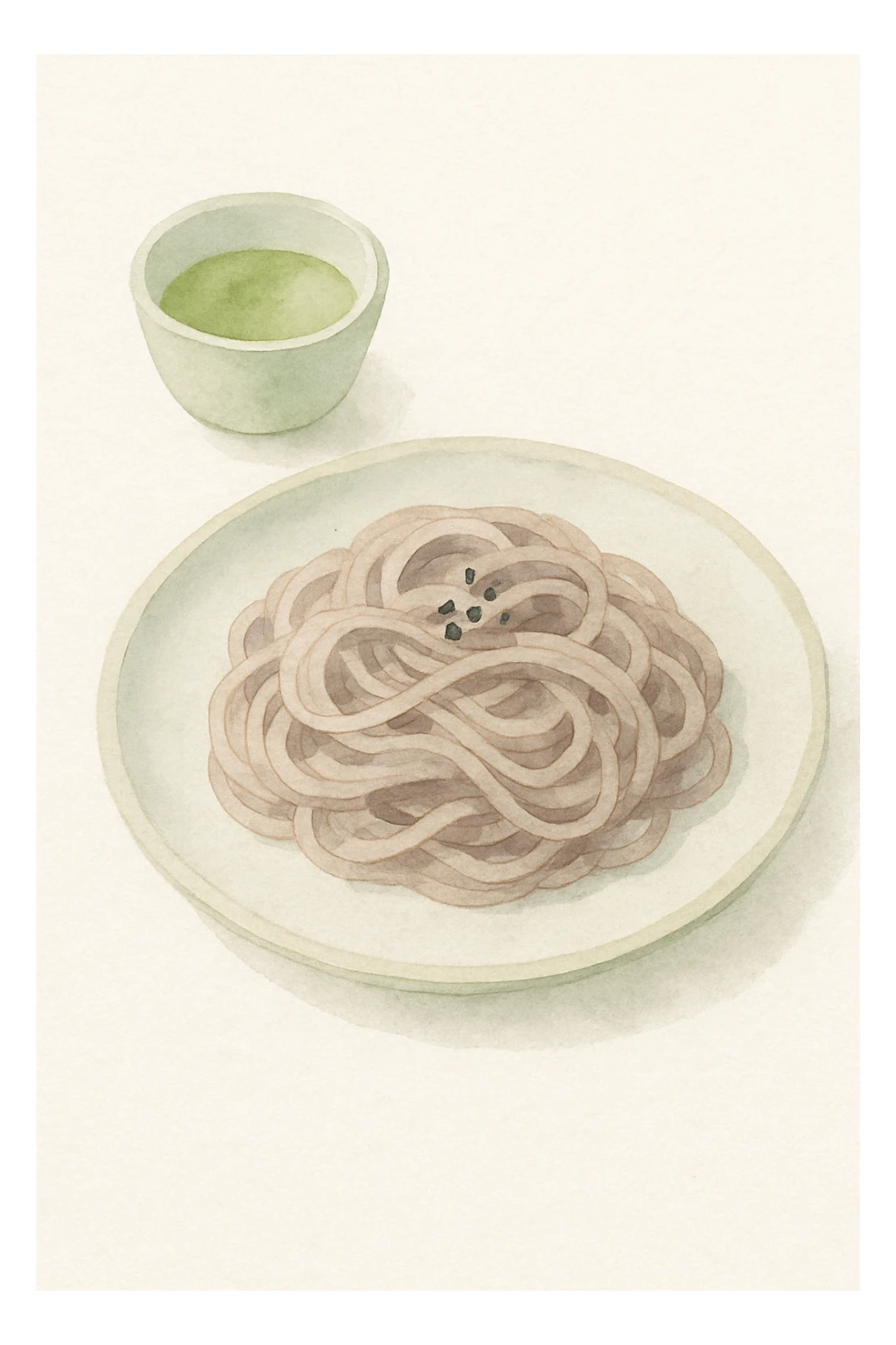buckwheat noodles, watercolor style, soft colors, artistic presentation sticker