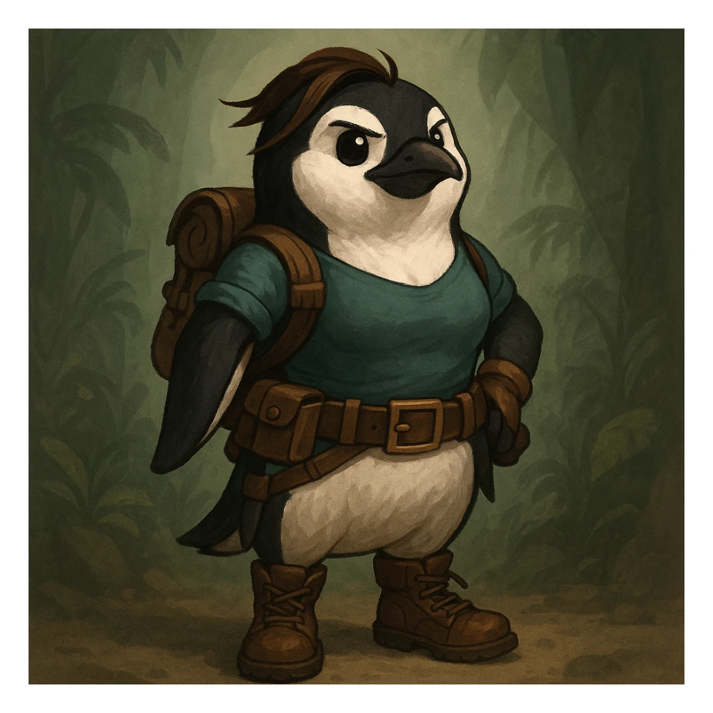 a penguin dressed as an explorer, inspired by Lara Croft, with a utility belt and boots sticker