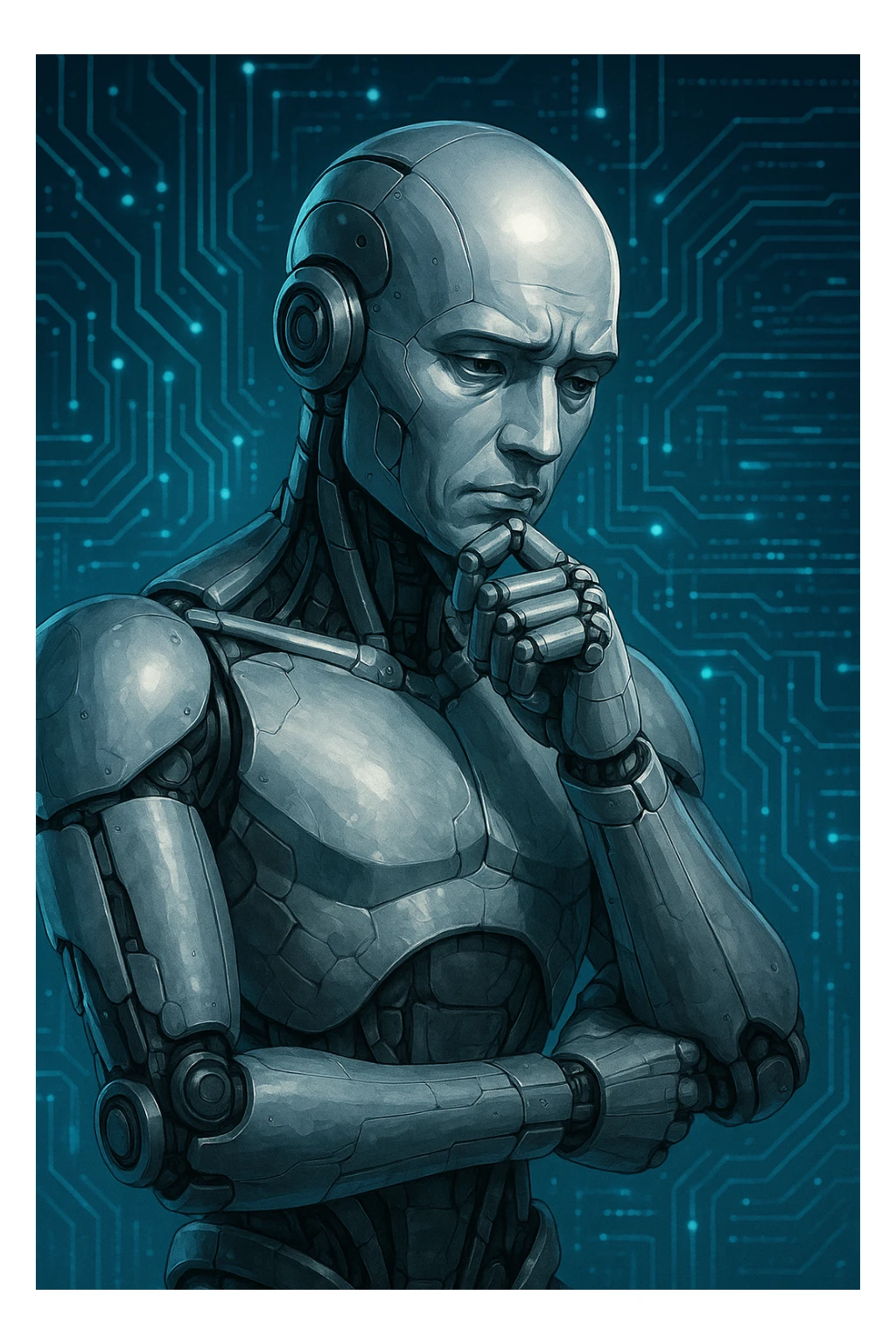 a robot deep in thought, metallic, expressive face, hands on chin, digital background sticker