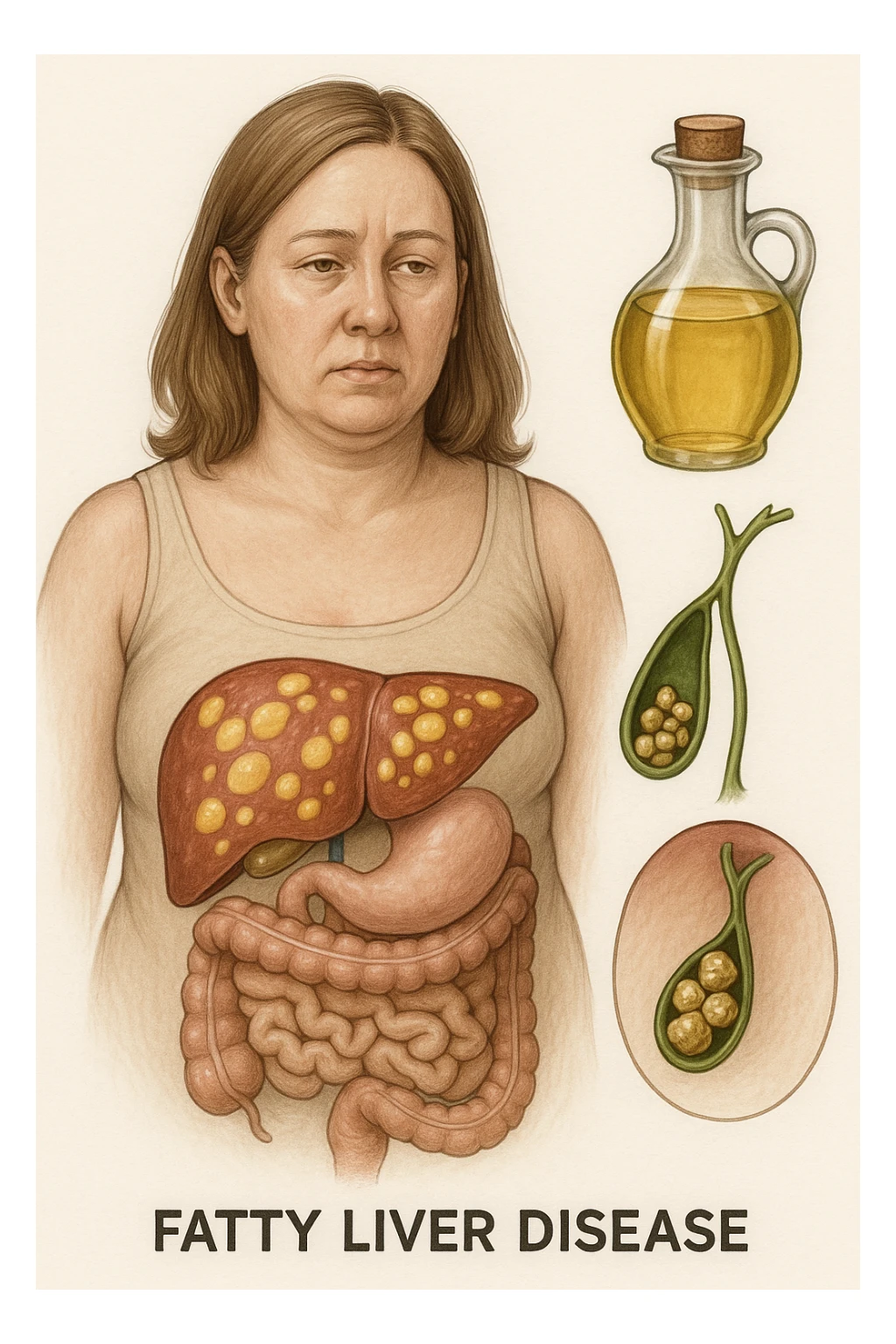 donna con fegato grasso immagine realistica e usa oli vegetali formando anche calcoli biliari sticker