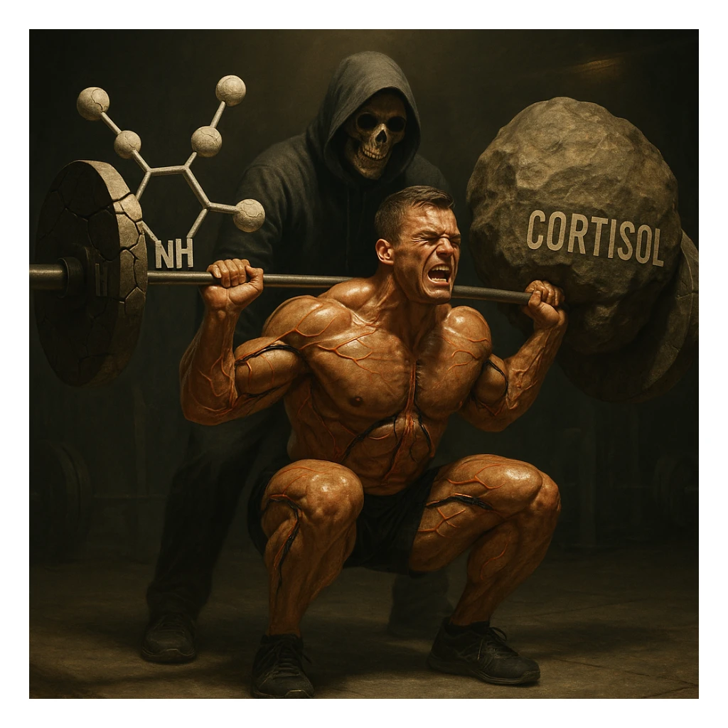 hyperrealistic scene of a muscular male bodybuilder squatting with a barbell loaded with cracked serotonin molecules and large boulders labeled 'cortisol', veins visibly pumping oil instead of blood, spotter behind him is Death disguised as a coach, dramatic lighting, detailed, symbolic, emotional realism sticker