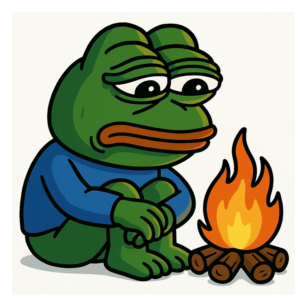 3D style Pepe the Frog sitting by a campfire, looking sad sticker