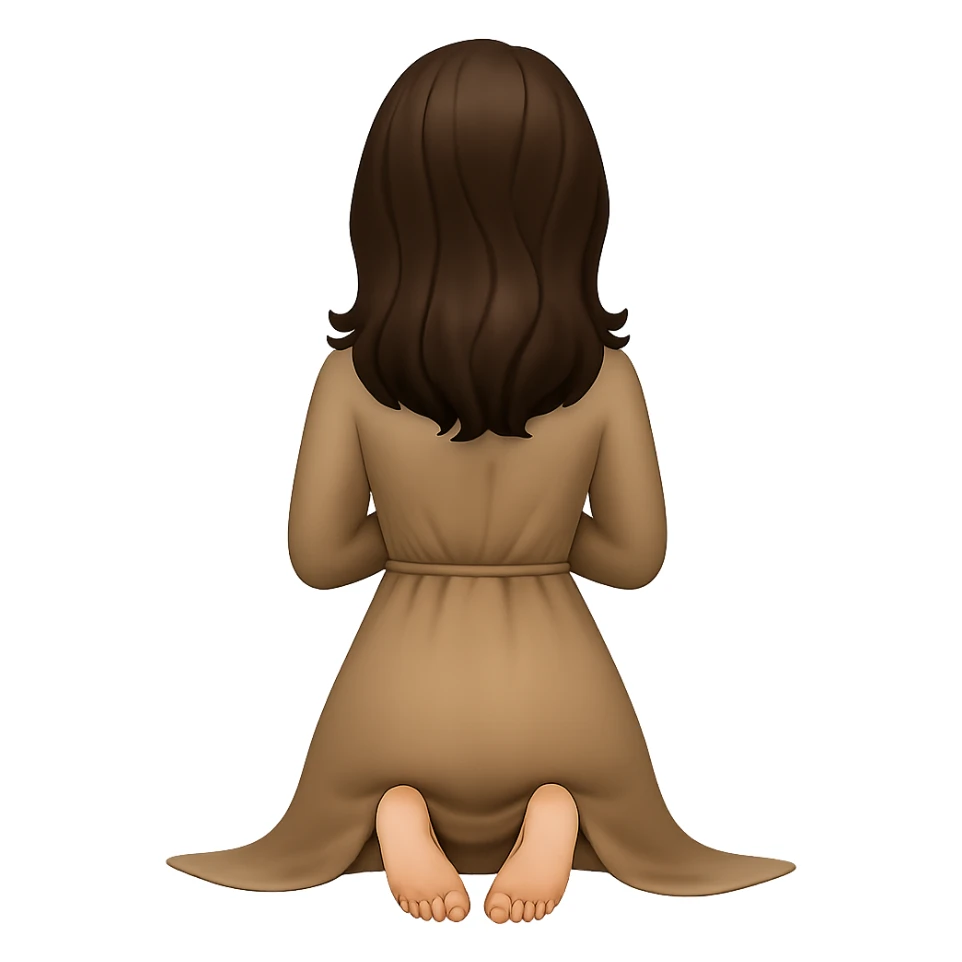 Create a woman kneeling and praying from the back view, with her feet visible and out behind her, wearing a long tan dress, with dark brown hair, matching the body figure of the reference image. The style should resemble emoji style. Remove the background. sticker
