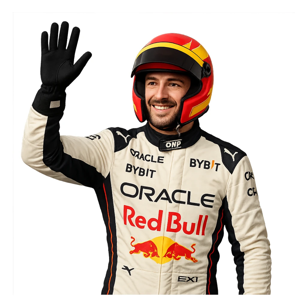 Formula 1 driver waving to fans, wearing racing gear, friendly expression sticker